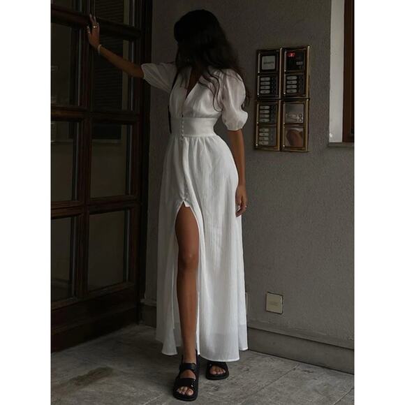 Commense White Maxi Dress Small NWT Lined Puff Sleeve Button Front Elegant - Picture 3 of 11